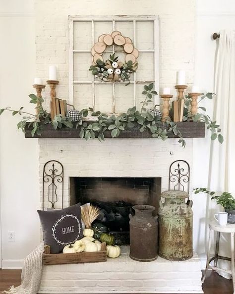 how to decorate your mantel for fall with DIY fall decorations Farmhouse Mantle, Farmhouse Mantel, Fall Fireplace, Rustic Farmhouse Living Room, Fireplace Mantle Decor, Fireplace Mantel Decor, Shelves Diy, Fall Mantel Decorations, Mantel Decor