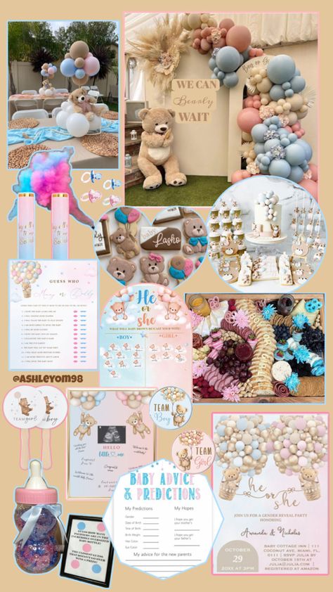 Gender reveal theme centered around teddy bear and a neutral/muted color palette. Includes ideas on decor, food, games, invitations, and method of reveal. Can Bearly Wait Gender Reveal, Bearly Wait Gender Reveal, Gender Reveal Theme, Gender Reveal Baby Shower Themes, Food Games, Gender Reveal Party Theme, Gender Reveal Themes, Teddy Bear Theme, Sprinkle Shower