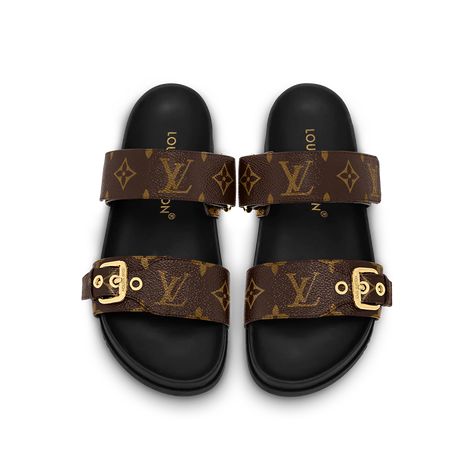 Louis Vuitton Slides, Louis Vuitton Sandals, Louis Vuitton Official Website, Two Strap Sandals, Mule Shoes, Flat Mules, Louis Vuitton Official, Mule Sandals, Comfortable Flats