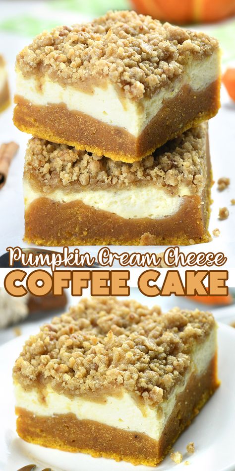 Pumpkin Cream Cheese Coffee Cake is quick and easy fall dessert recipe. It has three delicious layer: moist and flavorful pumpkin cake, creamy and smooth cheesecake layer and irresistible, crunchy, brown sugar cinnamon streusel topping finished with sweet, vanilla icing. via @https://www.pinterest.com/omgchocodessets/ Pumpkin Crumble Coffee Cake, Deserts With Cream Cheese Icing, Pumpkin Cream Cheese Coffee Cake Recipes, Pumpkin Cake With Cream Cheese Frosting, Pumpkin And Cream Cheese, Smooth Cheesecake, Cinnamon Streusel Topping, Cheese Coffee Cake, Fall Dessert Recipes Easy