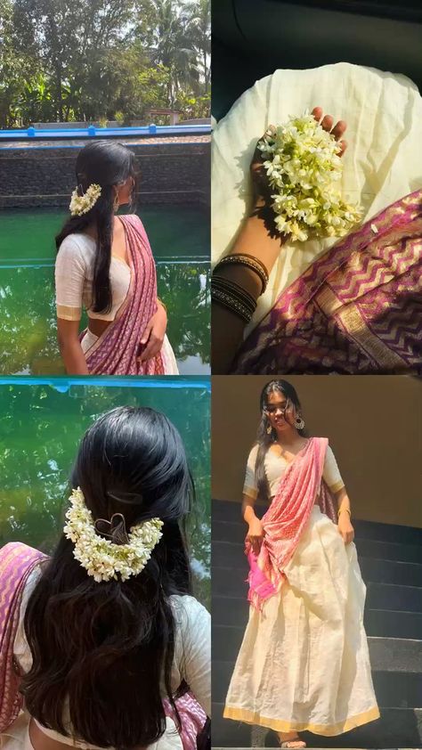 Onam Traditional Look, South Indian Saree Photoshoot, Poses For Women In Lehenga, Muslim Onam Outfits Ideas, New Onam Outfits, Onam Aesthetic Photos, Onam Saree Poses At Home, Onam Saree Pose Ideas, Poses Traditional Wear