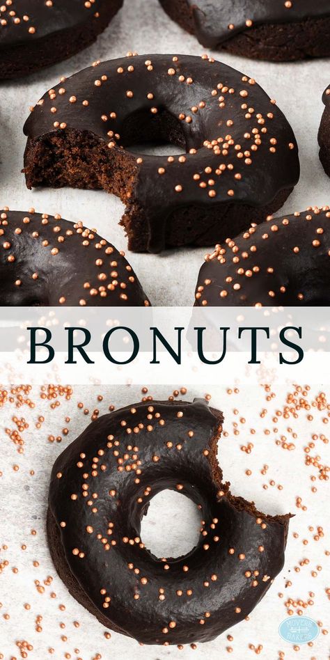 Bronuts aka brownie donuts are delicious fudgy chocolate brownies in a donut form! Smothered in a rich chocolate glaze and lots of sprinkles, these deep rich donuts are sure to be a crowd pleaser! Recipe by movers and bakers Donut Maker Recipes, Easy Beef Recipes, Trending Desserts, Breakfast Donuts, Homemade Donuts Recipe, Homemade Doughnuts, Baked Donut Recipes, Donut Maker, Homemade Donuts