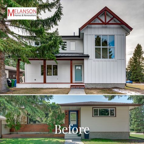 One Story To Two Story Before And After, Front Of House Room Addition, Before And After Second Story Addition, Bungalow With Addition, Small Second Story Addition, Rancher Additions Second Story, Ranch Home Extension Ideas, Ranch Second Story Addition Before After, Bungalow To 2 Storey Before And After