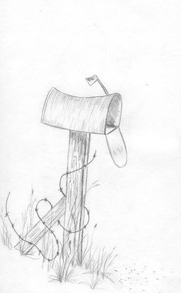 Mail box Pencil sketching Pencil Sketches Of Houses, Old Fences Drawing, Farm Sketch Simple, Mailbox Sketch, Mail Box Drawing, Farmhouse Drawings, Country Drawings Easy, Country Sketches, Messy Drawings