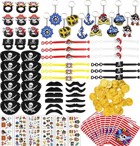 94Pcs Pirate Party Supplies Favors Pirate Captain Eye Patches Fake Mustache Pirate Key Chain Rings Bracelets Pirate Tattoos Coins Goodie Bags for Kids Pirate Theme Birthday Bag Fillers Toys Halloween Pirate Party Favor Decor (As an Amazon Associate I earn from qualifying purchases) Pirates Preschool, Pirate Rings, Pirate Tattoos, Pirate Bracelet, Pirate Preschool, Pirate Halloween Party, Pirate Images, Pirate Party Decorations, Fake Mustache