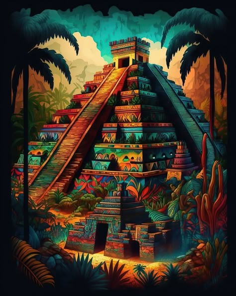 Mayan Pyramid, vibrant colours artwork Mayan Fantasy Art, Maya Civilization Art, Mayan Aesthetic, Mayan Sacrifice, Mayan Wallpaper, Astronomy Architecture, Aztec Paintings, Mayan Pyramids, Mesoamerican Architecture