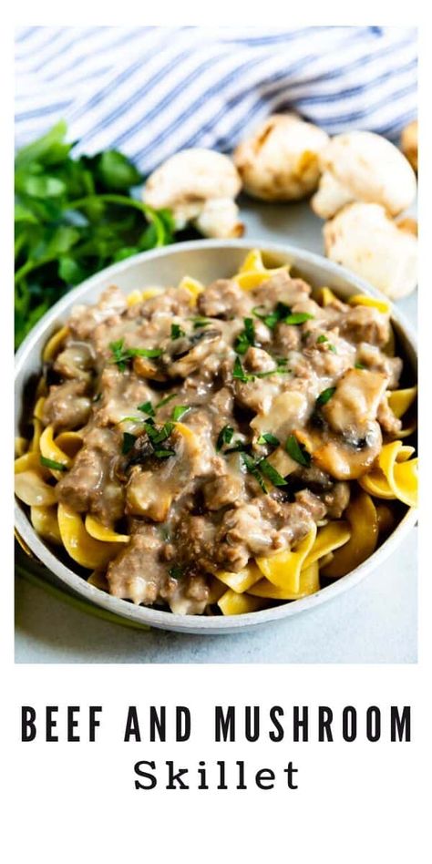 This Mushroom and Ground Beef Skillet is a complete meal when served with pasta or rice! Double your batch and keep the leftovers handy for lunches – they keep so well and are perfect for meal prepping! Ground Beef Mushroom Recipe, Ground Beef And Mushrooms, Beef And Mushroom Recipe, Mushroom Skillet, Beef And Mushrooms, Beef Mushroom, 30 Minute Meals Easy, Easy Skillet Meals, Dinner With Ground Beef