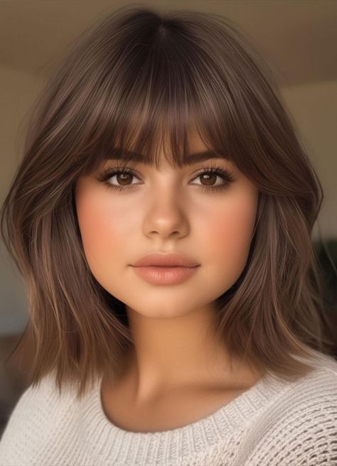 Shoulder-Length Brunette Bob with Wispy Bangs, haircut for round face Best Round Face Haircut, Medium Bob With Wispy Bangs, Medium Hair Color Ideas Brown, Fringe Bangs Shoulder Length Hair, Short Haircuts With Long Bangs, Short Hair Cuts With Wispy Bangs, Brunette Medium Length Hair With Bangs, Bang Hairstyles Short Hair, Bangs And Short Hair Shoulder Length