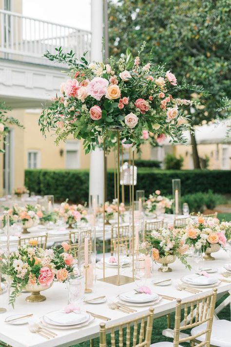 Rectangle Wedding Tables, Winery Wedding Decorations, Tall Flower Arrangements, Tall Floral Arrangements, Peach Wedding Flowers, Large Centerpiece, Centerpieces Wedding, Wedding Floral Centerpieces, Tall Centerpieces