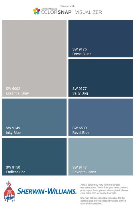 Pool Blue Paint Color, Wall Colors With Blue Cabinets, Sw Salty Dog Coordinating Colors, Colors That Go With Indigo Blue, Sherwin Williams Blues And Greys, Blue House Paint Colors, Blue Colors Sherwin Williams, Greys And Blues Palette, Wherein Williams Blue