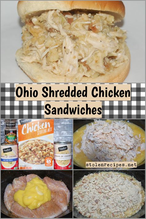 This unusual sounding recipe is actually very tasty. Chicken breasts are placed in a slow cooker. Then condensed cream of chicken soup is poured on top. After cooking for several hours the chicken is shredded and dry stuffing mix is stirred into the chicken. Next the mixture cooks until the stuffing is moistened. Then the filling is served on hamburger buns. Hot Chicken Sandwiches With Stuffing, Shredded Chicken With Stuffing, Cream Of Chicken Sandwiches Crockpot, Hot Shredded Chicken Sandwiches Crockpot, Chicken Stuffing Sandwiches, Cream Chicken Sandwich Recipes, Homemade Shredded Chicken Sandwiches, Chicken And Stuffing Sandwiches, Chicken And Dressing Sandwiches