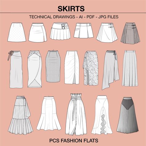 Ready to use fully editable technical drawing of skirts Automatic digital download file Great for tech packs, CAD drawing, spec sheets and expanding your library. Perfect for fashion students, designers, manufacturers and startups to use. What you will receive in the package: * AI File, these include a separate front drawings - you will be able to personalized the drawing such as shape, colour, details and add your logo * PDF version of the front technical drawing  *JPG version If you have any q Fashion Forms Drawing, Different Skirts Designs, Fashion Flat Sketches Technical Drawings, Skirt Sketches Fashion Drawings, How To Be A Fashion Designer, How To Draw Skirts, How To Draw A Skirt, Pleated Skirt Drawing, Shapes For Design