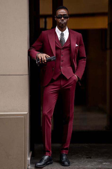 Your special occasion deserves Bordeaux. This three-piece suit embraces the richness of the moment, with its deep hue and tailored fit bringing you center stage. Command every gathering with a suit that exudes charisma.  #specialoccasionstyle #bordeauxsuit #celebrationlook #timelesselegance #galaattire #slimfitsuit #luxurysuit #formalevent #boldfashion #eveningwear Bordeaux Suit Men, Wine Color Suits For Men, Bordeaux Outfit, Gala Attire, Men Attire, Bow Tie Suit, Modern Fit Suit, Suit Styles, Suit Stores