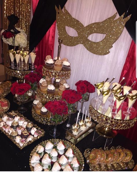 Red Black And Gold Masquerade Party Decorations, Masquerade Ball Party Outfit, 21st Birthday Masquerade Theme, Maskerade Theme Party, 1920 Masquerade Ball, Masquerade Themed Centerpieces, Masquerade Theme Wedding, Masquerade Ball Backdrop Ideas, Mascarade Prom Decorations