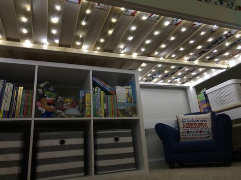 Led Lights Under Loft Bed, Space Theme Loft Bed, Big Boy Loft Bed, Lights For Under Loft Bed, Kids Bed With Space Under, Fairy Lights Under Bunk Bed, Fairy Lights Under Loft Bed, Fairy Lights In Boys Bedroom, Loft Bed With Lights Under