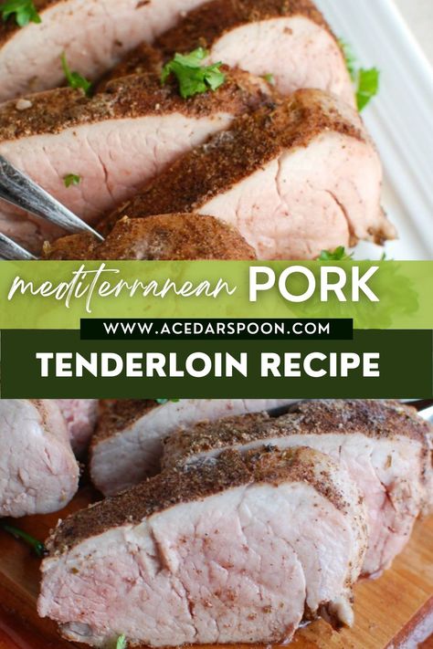 Mediterranean Baked Pork Tenderloin is tender, juicy and full of flavors from the Mediterranean. Pork tenderloin is rubbed with a warm Mediterranean spice mixture and baked to perfection. This is an easy weeknight meal the whole family will love! Mediterranean Pork Loin, Mediterranean Diet Pork Tenderloin, Mediterranean Pork Tenderloin Recipes, Mediterranean Pork Loin Recipes, Mediterranean Diet Pork Recipes, Mediterranean Pork Recipes, Mediterranean Pork Tenderloin, Mediterranean Crockpot, Pork Loin Oven