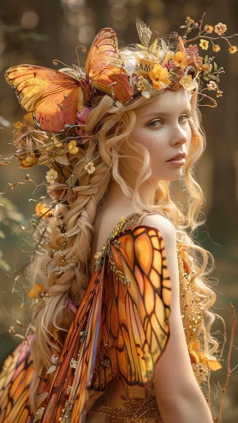 Forest Sprite Costume, Golden Fairy Costume, Brown Yellow Hair, Autumn Fairy Aesthetic, Nature Fairy Costume, Yellow Fairy Costume, Fall Fairy Costume, Butterfly Fairy Costume, Fae Cosplay