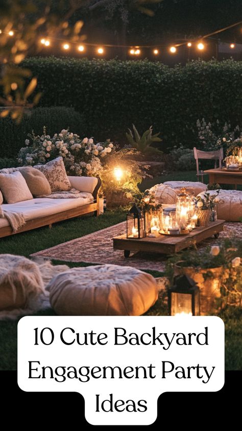 Outdoor backyard engagement party setup with charming decorations, cozy seating areas, and string lights creating a warm, intimate atmosphere for a celebration. S’mores Engagement Party, Engagement Outdoor Party, Forest Engagement Party, Simple Elegant Proposal Ideas, Simple Backyard Engagement Party, Outdoor Engagement Party Ideas Diy, Backyard Set Up For Party, Outdoor Fall Engagement Party, Bohemian Engagement Party