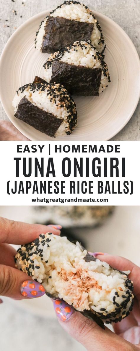 Tuna onigiri are Japanese rice balls stuffed with tuna, mayo, and sriracha, wrapped in nori, and sprinkled with toasted sesame seeds. A delicious, popular snack! Tuna Onigiri Recipe, Tuna Onigiri, Japanese Rice Balls, Paleo Seafood, Yummy Nummies, Onigiri Recipe, Tuna Mayo, Delicious Paleo Recipes, Rice Bowls Recipes