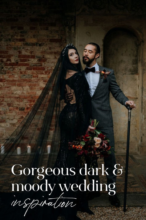 dark and moody wedding inspiration Dark Moody Forest Wedding, Moody Gothic Wedding, Dark Fall Wedding Ideas, Black Wedding Theme Ideas, Emo Wedding, Dark Moody Wedding, Moody Romantic Wedding, Dark And Moody Wedding, Moody Fall Wedding