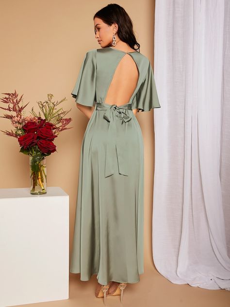 SHEIN Cut Out Tie Back Butterfly Sleeve Satin Bridesmaid Dress Silk Bridesmaids Dresses Sleeves, Pastel Green Dress Outfit, Mint Green Dress Outfit Wedding, Flutter Sleeve Bridesmaid Dress, Pastel Green Dress, Prom 23, Green Dress Outfit, Bridesmaids Ideas, Latest Bridesmaid Dresses