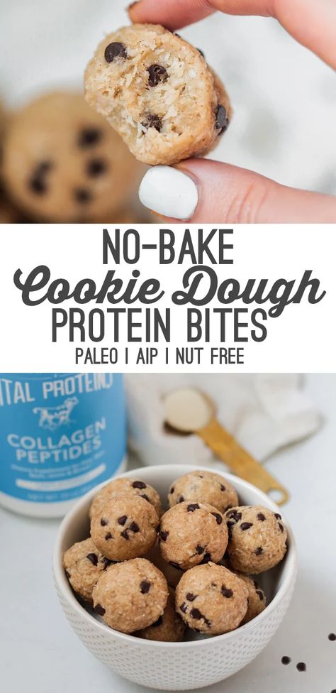 Healthy Cookie Dough Bites, Aip Cookies, Aip Baking, Aip Snack, Autoimmune Recipes, Collagen Recipes, No Bake Cookie Dough, Protein Cookie Dough, Autoimmune Paleo Recipes