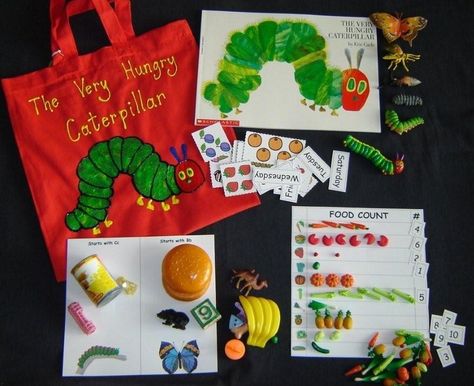 Very Hungry Caterpillar literacy bag                                                                                                                                                     More Book Bag Ideas, Literacy Bags, Caterpillar Book, Backpack Ideas, Family Literacy, Literacy And Numeracy, Preschool Literacy, Family Engagement, Book Bags