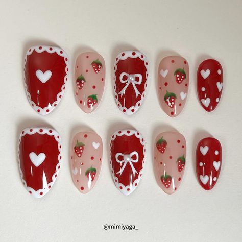 🍓🍰strawberry cake. #nail #nailart #cutenails #shortnails #kawaii #pressons #pressonnails #rednails #strawberrynails #naillove #smallbusiness #nailfashion Strawberry Nail Art Design, Cute Nails Strawberry, Food Nail Designs, Strawberry Milkshake Nails, Strawberry Shortcake Nails Designs, Red Cute Nails, Cute Strawberry Nails, Nail Art Strawberry, Strawberry Nails Designs