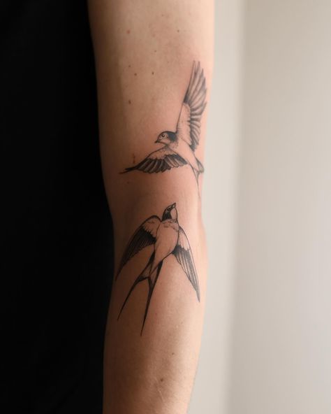 Maxime Dubbeld | Swallows for Max. Thanks for trusting me with your first tattoos🙏 I would love to tattoo more animals in this style, so if you have… | Instagram Swallow With Olive Branch Tattoo, Swallow Tattoo Arm Woman, Swallow Bird Tattoo Fine Line, Bird Tattoo Arm Women, Swallow Tattoos For Women, Swallow Forearm Tattoo, Scissor Tailed Flycatcher Tattoo, Tattoo Golondrina, Wales Tattoo