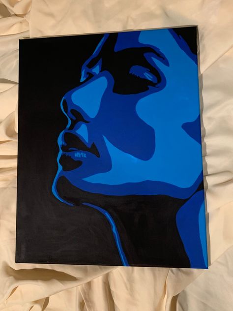 This is a blue themed woman's silhouetted face painting with acrylic on canvas Painting On Blue Canvas, Lighter Paintings Ideas Canvas, Art On Canvas Aesthetic, Painting Ideas On Canvas Person, Things To Paint Big Canvas, Blue Theme Painting, Blue Woman Painting, Creative Art Painting, Abstract Silhouette Art