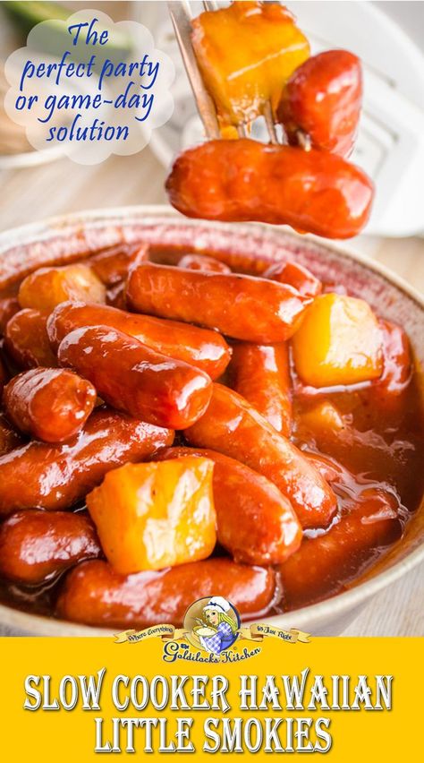 Tropical Appetizers For Party, Crockpot Little Smokies, Hawaiian Party Food, Little Smokies Recipes, Superbowl Party Food Ideas, Potluck Food, Smokies Recipe, Lil Smokies, Little Smokies