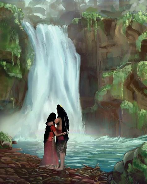 Lord Shiva and Parvati in waterfall in creative art painting wallpaper Shiva Parvati Images Hd Love Aesthetic, Shivji And Parvati Ji Aesthetic, Shiv Parvati Aesthetic Wallpaper, Shiv Parvati Hd Wallpaper Aesthetic, Shivji And Parvati Ji, Shiva Parvati Images Hd Love, Shiv Parvati Aesthetic, Om Hd Wallpaper 1080p, Shiv Parvati Hd Wallpaper