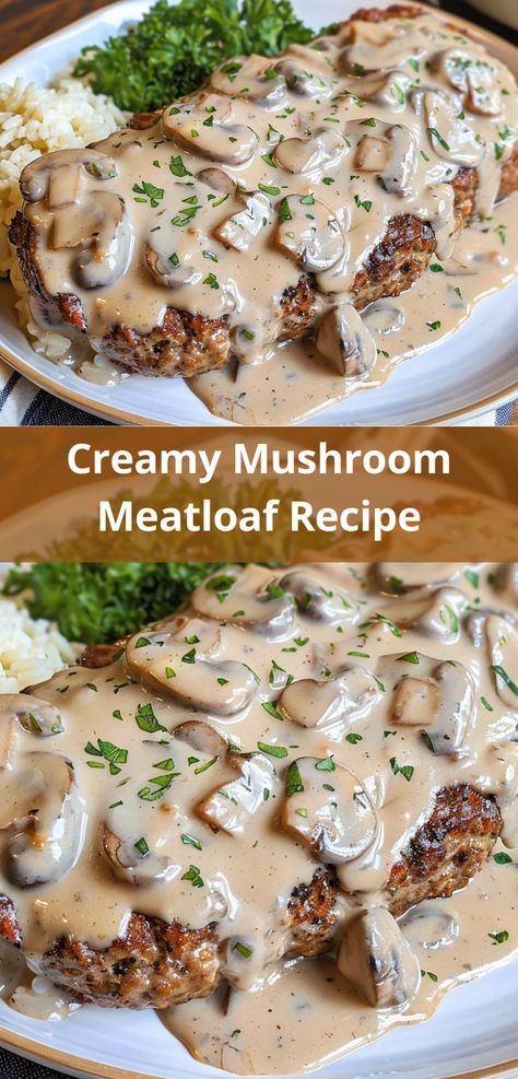 Perfect Creamy Mushroom Meatloaf for a cozy meal. Ground Beef Mushroom Recipe, Mushroom Meatloaf Recipes, Meatloaf Sides, Mushroom Meatloaf, Mushroom Cream Sauce, Beef Meatloaf, Mushroom Cream Sauces, Good Meatloaf Recipe, Tender Meat