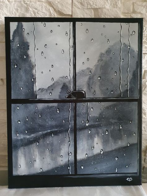 Rainy Art Drawings, Raining Window Drawing, Rainy Art Painting, Raindrops On Window Drawing, How To Paint Rain On Window, Painting Of Rainy Day, How To Draw Rain On A Window, Rain Droplets On Window, Rain On Window Drawing