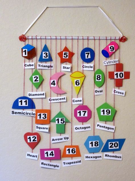 Hanging Numbers In Classroom, Shapes Hanging For Preschool, Mathematics Day Board Decoration, Classroom Hanging Ideas, Number Classroom Decoration, Classroom Hangings For Preschool, Hanging For Classroom Decoration, Shapes Preschool Wall Decor, Shapes Wall Decor Classroom