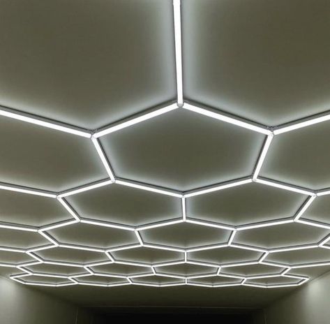 Honey Comb Lights, Hexagon Ceiling Design, Roof Lights Ideas Ceilings, Hexagon Led Light, Hexagon Lighting, Hexagon Lights, Modular Garage, Garage Floor Tiles, Garage Style