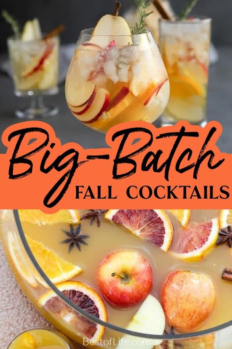 Make the best big batch cocktails for fall that encompass the flavors of the season for dinner parties or any occasion. Fall Party Recipes | Fall Dinner Party Recipes | Fall Cocktail Recipes | Cocktail Recipes for a Crowd | Fall Cocktails for a Crowd | Cocktails with Apples Cocktail with Cinnamon | Bourbon Cocktail Recipes | Party Punch Recipes for Fall | Punch Recipes with Alcohol Yummy Fall Alcoholic Drinks, Drinks To Serve At A Party, Fall Cocktails And Mocktails, Tailgate Batch Cocktail, Big Batch Drinks Non Alcoholic, Cheap Cocktails For A Crowd, Drinks For Large Parties, Fall Rum Punch Recipes For A Crowd, Premixed Cocktails For Party