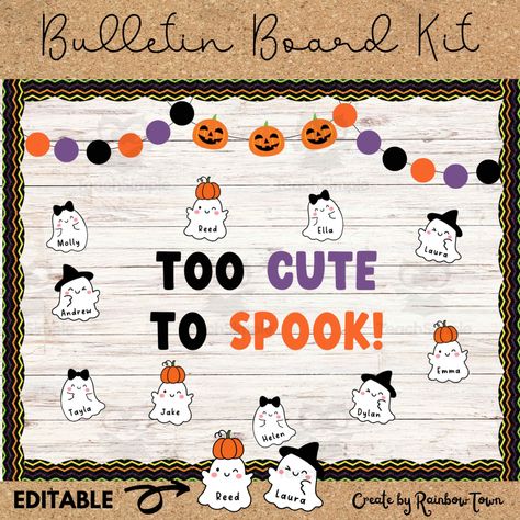 Halloween Bulletin Board or Door Display- 3 PDF files- 1 PPT file for Editable Nametags- Easy to Download and Print- US Letter Size Teacher Halloween Bulletin Boards, Halloween Prek Bulletin Board, Boo From Our Crew Bulletin Board, Halloween Preschool Board, Infant October Bulletin Board Ideas, Halloween Door Decorations Classroom Easy, October Toddler Themes, Infant Halloween Bulletin Board Ideas, Fall Bulletin Board Ideas For Preschool October