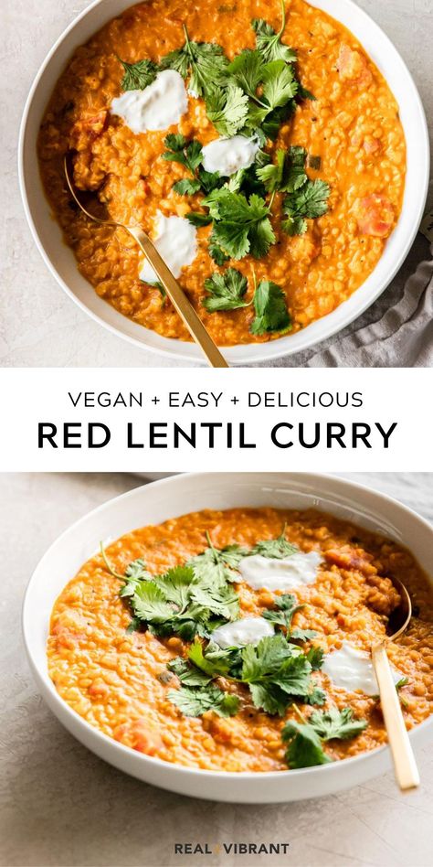 This red lentil curry recipe is the ultimate weeknight dinner. Nourishing, spicy, and packed with flavor, this comfort meal is made with easy pantry ingredients and comes together in less than 45 minutes. | realandvibrant.com #realandvibrant #lentilcurry #curry #soup #redlentilcurry Red Lentil Curry, Red Lentil Recipes, Lentil Curry Recipes, Pantry Meals, Alpha Gal, Meatless Dishes, Pepper Sandwich, Vegan Curry Recipes, Resep Smoothie