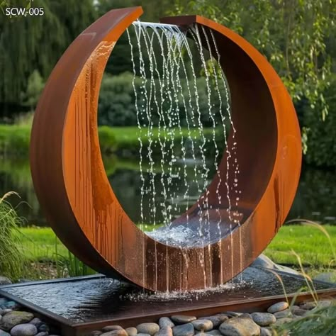 Corten Steel Circular Ring Fountain for Courtyard - Abstract Water Sculpture - 2 Minimalist Water Feature, Mid Century Water Feature, Metal Water Feature, Garden Features Ideas, Courtyard Water Feature, Water Feature Ideas, Contemporary Water Feature, Water Fountain Design, Sculpture Fountain