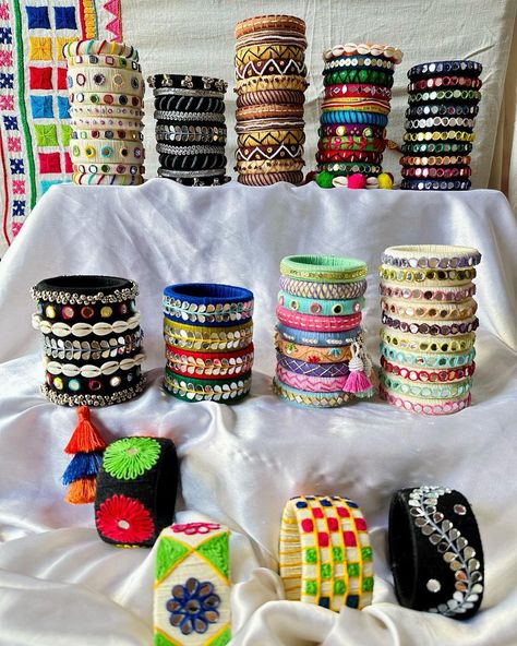 Instagram Bangles For Western Wear, Navratri Collection 2023, Navaratri Outfits, Embroidered Bangles, Cloth Bangles, Diy Bangles, Pinterest Women, Cloth Jewellery, Navratri Jewellery