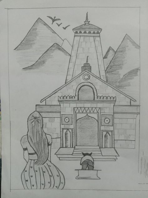 Kedarnath Drawing Easy, Kedarnath Mandir Drawing, Kedarnath Rangoli, Mahadev Painting Easy, Shiv Parvati Drawing Easy, Kedarnath Temple Drawing, Shiv Girl, Kedarnath Drawing, Shiv Ji Sketch