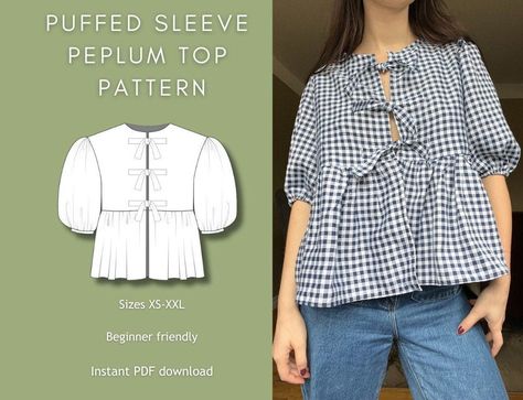 Puffed Sleeve Peplum Top | Digital Sewing Pattern | Instant Download | Front Tie Blouse | XS-XXL | Beginner Friendly Peplum Top Pattern, First Sewing Projects, Blouse Pattern Sewing, Top Sewing Pattern, Tie Front Blouse, Bias Tape, Tie Blouse, Front Tie Top, Sewing For Beginners