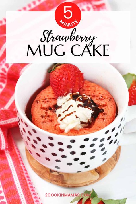 This flavorful Microwave Strawberry Mug Cake is a quick and easy dessert that takes about 5 minutes. Grab a mug, whisk strawberry cake mix with 3 simple ingredients, then microwave. Top your dessert in a mug with chocolate ganache or your favorite toppings and dive in! #mugcake #strawberrymugcake #chocolateganache #strawberrymugcakerecipe #veganmugcake #glutenfreemugcake #ValentinesDaydessert via @2CookinMamas Strawberry Mug Cake, Mugcake Recipe, Doctored Cake Mix Recipes, Gluten Free Mug Cake, Dessert In A Mug, Vegan Mug Cakes, Delicious Strawberry Cake, Strawberry Mug, Cake With Whipped Cream