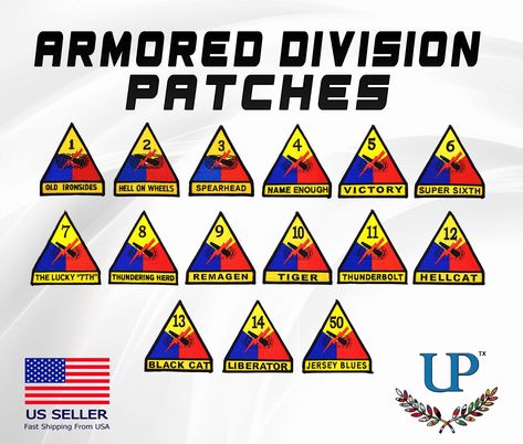 "Embroidered US Army Armored Divisions Iron On Patches, Armored Division Patches, 1st to 50th Armored Divisions PLEASE READ DESCRIPTION BEFORE YOU PURCHASE 1) Choose the code of the patch, read the type and size of the patch listed below. 2) Select quantity 3) To buy different ones, add to cart individually. ##PATCH CODE ##PATCH NAME ##BACKING TYPE ##SIZE AD001 - Old Ironsides (Iron-On) (3-3/4\") AD002 - Hell on Wheels (Iron-On) (3-3/4\") AD003 - Spearhead (Iron-On) (3-3/4\") AD004 - Name Enough Us Army Patches, Army Divisions, Army Look, Army Patches, Tiger Iron, Hell On Wheels, Military Insignia, Prop Making, Military Units