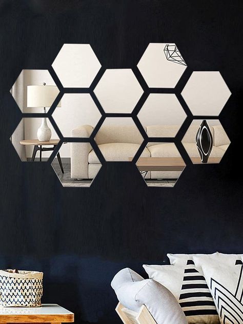 Hexagon Mirror Design, Plain Wall Decor Ideas Bedroom, Hexagon Mirror Wall Decor Ideas, Hexagon Mirror Wall Decor, Mirror Wall Decor Bedroom, Wall Decora, Decoration Mirror, Mirror Decor Living Room, Hexagon Mirror