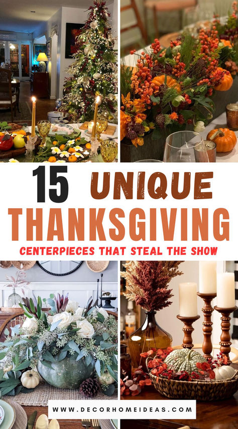 Discover 15 unique Thanksgiving centerpieces that are sure to impress your guests! From rustic elegance to modern charm, these creative table decor ideas will set the perfect festive tone. Whether you're going for DIY crafts or sophisticated designs, find the perfect centerpiece to elevate your holiday table. Elegant Fall Centerpieces, Fall Table Decorations Centerpieces, Rustic Thanksgiving Decorations, Creative Table, Unique Thanksgiving, Creative Tables, Table Decor Ideas, Unique Centerpieces, Fall Table Decor