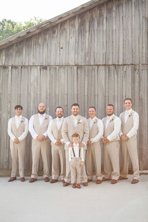 Farm Wedding Groom Attire, Groomsmen Attire Spring Wedding, Tan Groomsmen Attire, Neutral Groomsmen Attire, Khaki Groomsmen Attire, Groomsmen Attire Khaki, Tan Groomsmen, Tan Suit Wedding, Rustic Groomsmen Attire