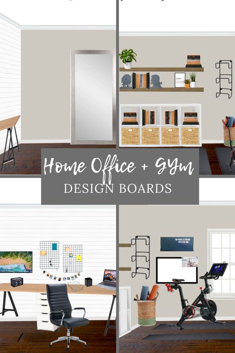 4 Design Boards to create a neutral, calming, modern home office and gym combo Bonus Room With Workout Space, Study Exercise Room, Small Office Gym Combo Ideas, Office Weight Room Combo, Office Gym Layout, Office And Treadmill Room, Gym And Study Room, Office With Workout Space, Multipurpose Room Office Gym