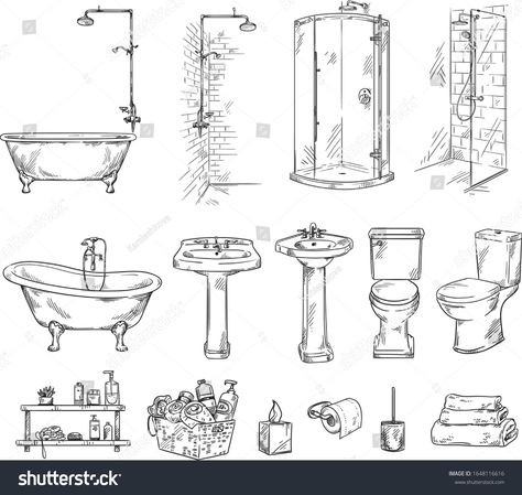 Set of bathroom objects: bathtub, shover, sink and toilet bowl. Bathroom accessories vector sketch. #Ad , #AD, #bathtub#shover#sink#Set Bathroom Objects, Bathroom Sketch, Sink Drawing, Toilet Drawing, Bathroom Illustration, Bathroom Drawing, Plant Sketches, Drawing Furniture, Architecture Drawing Sketchbooks